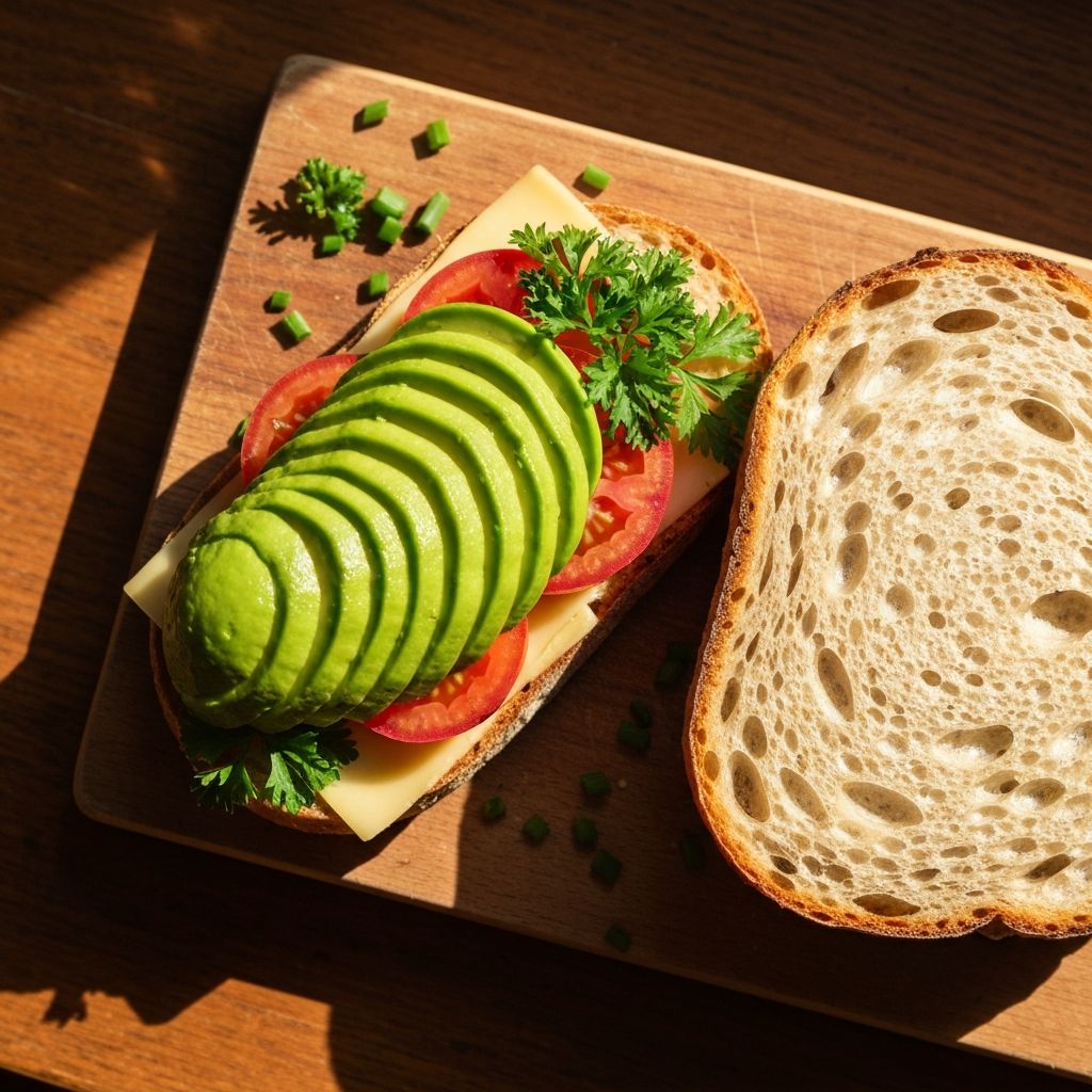 Fresh artisan sandwich ingredients including sourdough bread, avocado, tomatoes and herbs on a wooden cutting board