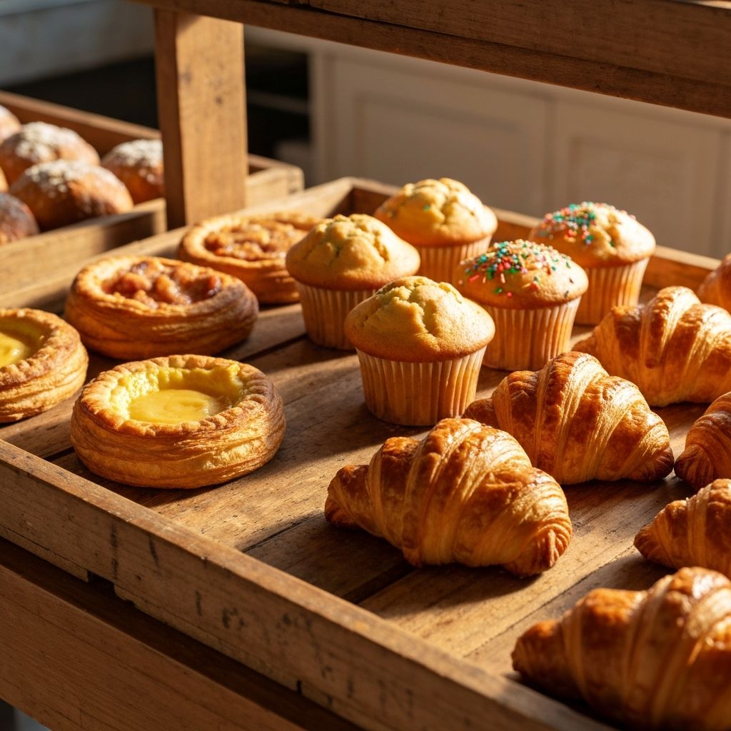Display of freshly baked pastries, muffins, and croissants on a rustic café shelf