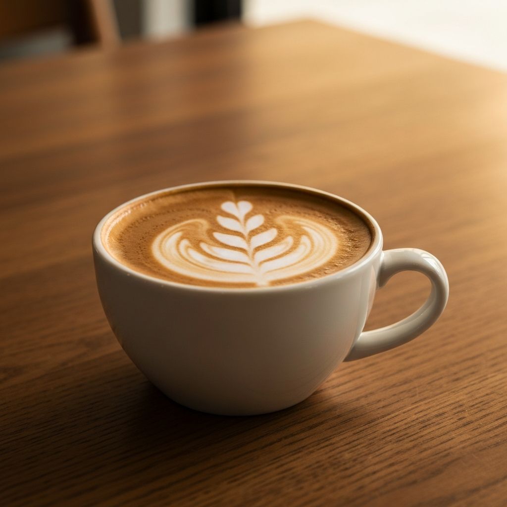A perfectly crafted flat white coffee with latte art in a ceramic cup