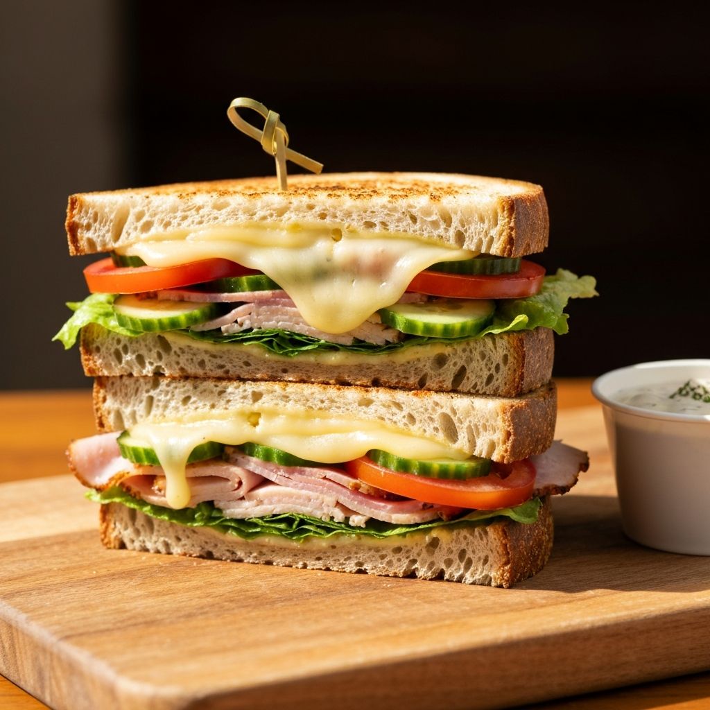 Gourmet artisan sandwich on sourdough bread with fresh vegetables and melted cheese on a wooden board
